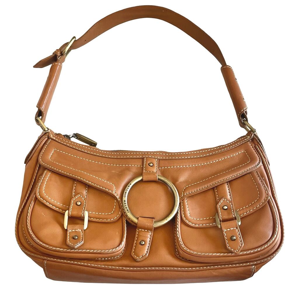Antonio Melani Y2K Tan Shoulder Bag Chunky Brass Hardwear Purple Interior